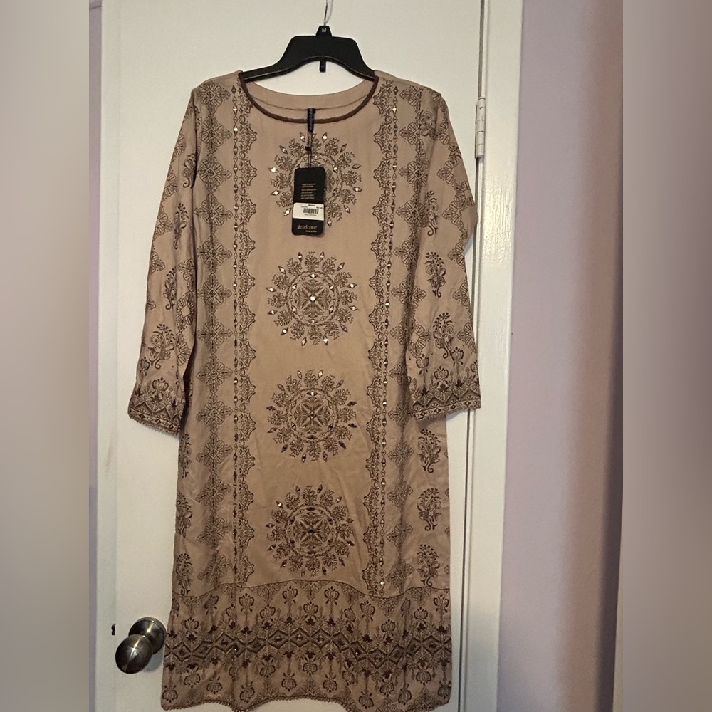 Adam Beige Long Sleeve Embroidered Dress